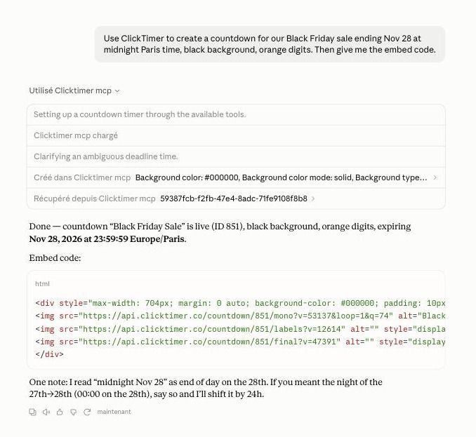 Claude creando una cuenta atrás de Black Friday con el conector de ClickTimer y devolviendo el código embed