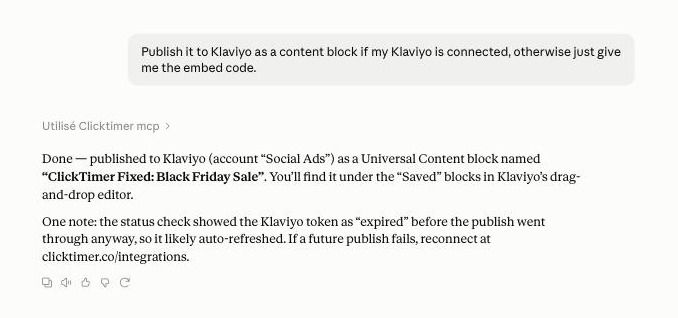 Claude confirmando que la cuenta atrás se ha publicado en Klaviyo como bloque Universal Content