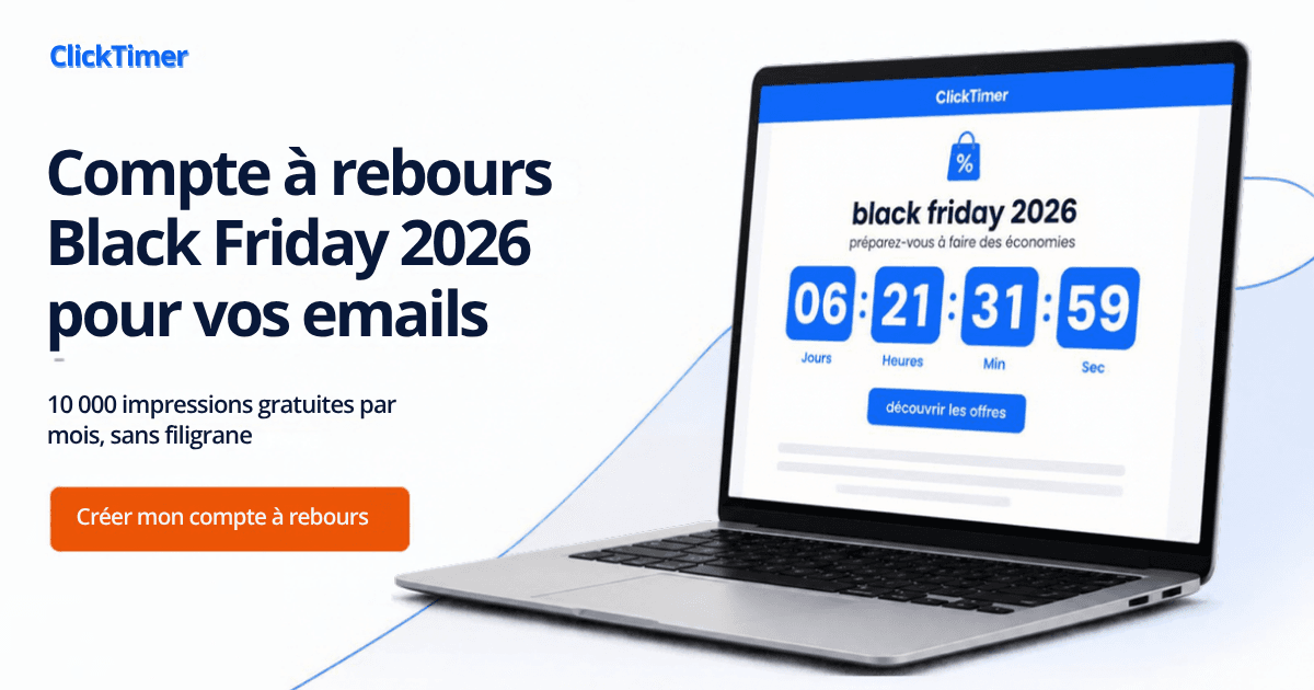 Compte à rebours Black Friday 2026 pour vos emails, 10 000 impressions gratuites par mois sans filigrane