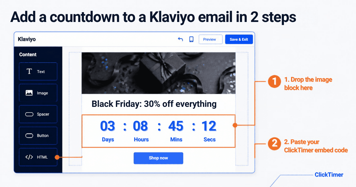 Éditeur d’e-mails Klaviyo avec un bloc compte à rebours ClickTimer placé sous le visuel principal