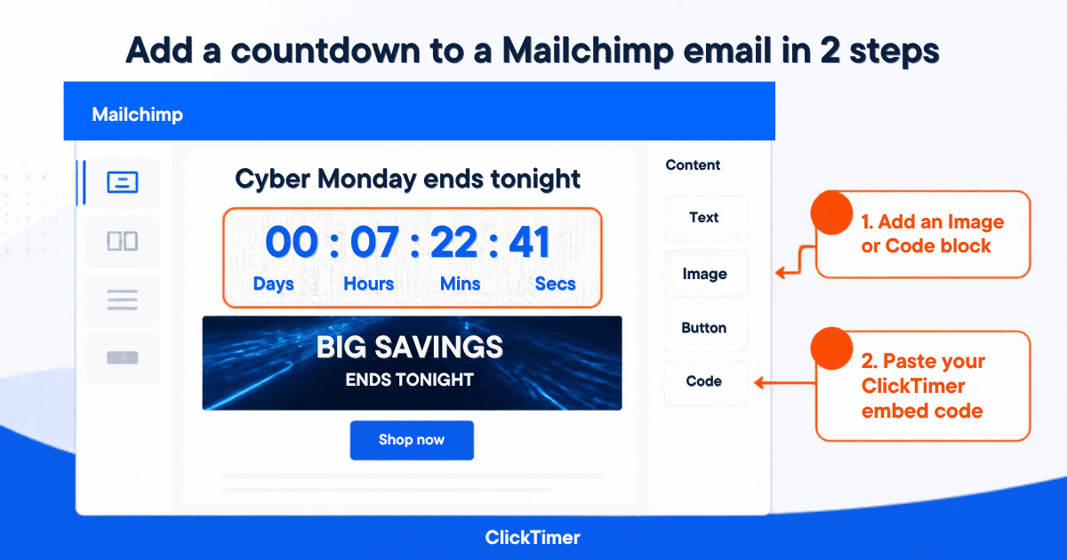 Éditeur d’e-mails Mailchimp avec un compte à rebours ClickTimer placé sous le titre