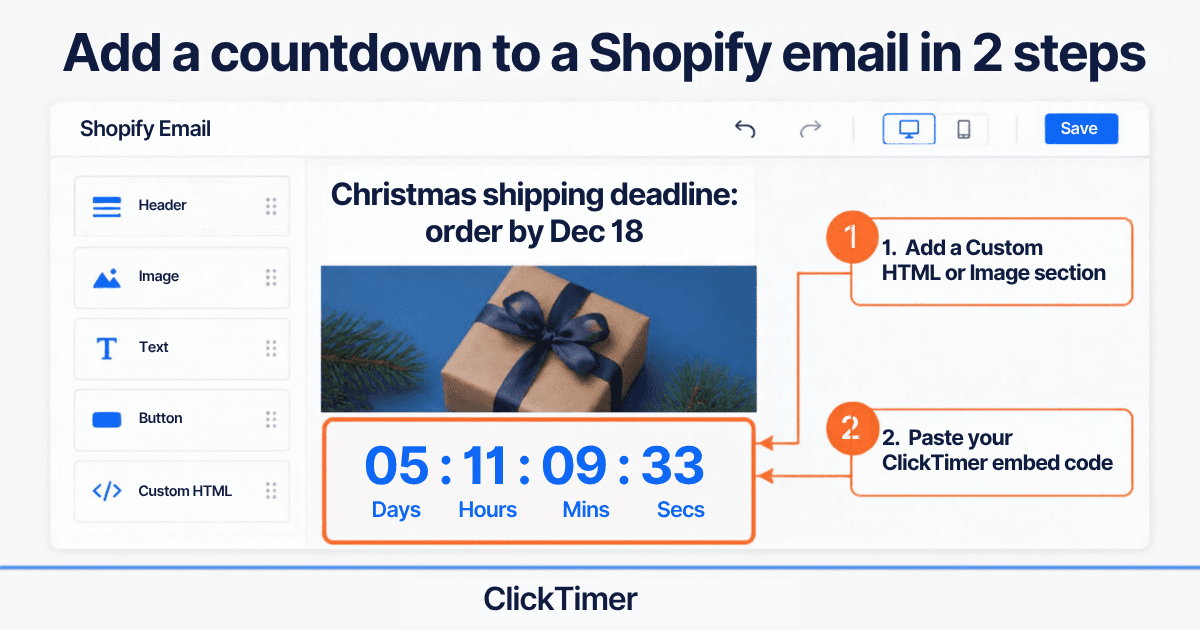 Éditeur Shopify Email avec un compte à rebours ClickTimer placé sous l’image principale